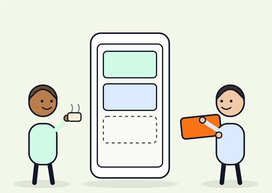Illustration: a helper places the last building block into an oversized smartphone while the customer looks on relaxed with a coffee