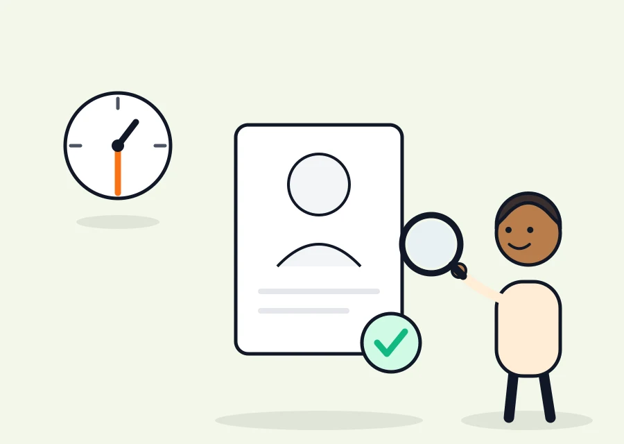 Illustration: a reviewer with a large magnifying glass in front of a profile card with a green check, the clock shows 30 minutes