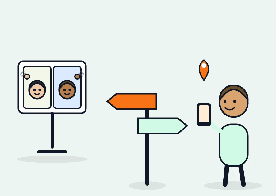 Illustration: a signpost with two directions — a video call with two waving faces on the left, a figure exploring the app on a smartphone on the right