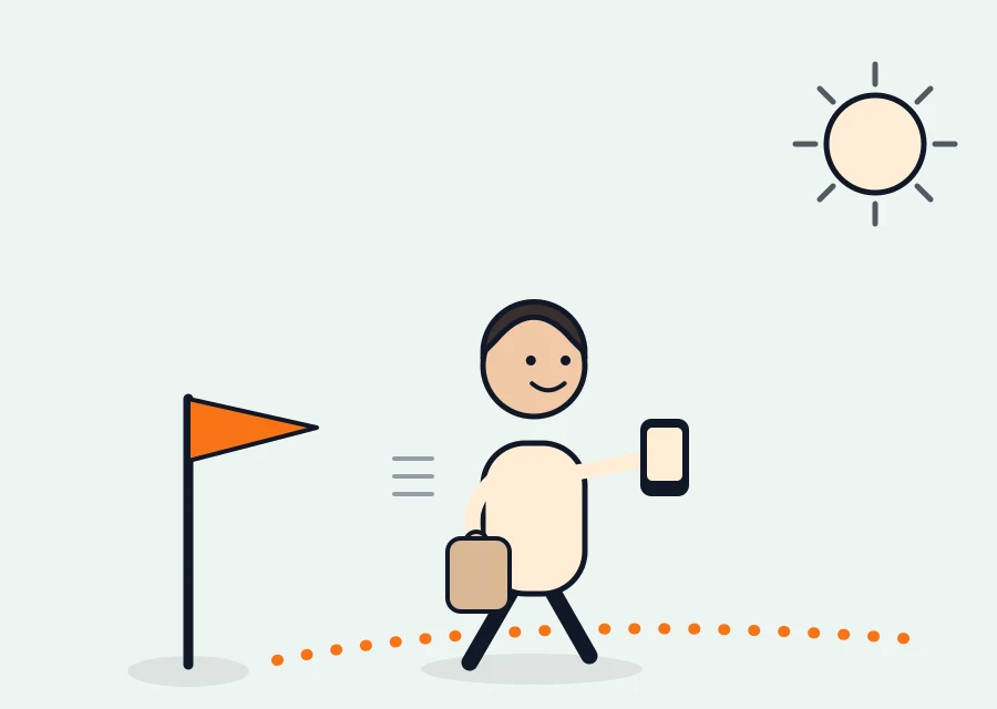 Illustration: a field rep walks the dotted route with a smartphone and bag, the start flag is planted