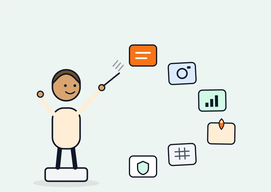 Illustration: a conductor directs six floating feature building blocks — reports, photos, KPIs, map, planning and security in one app