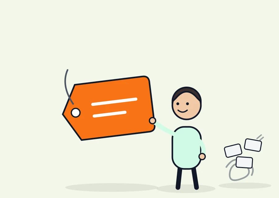 Illustration: a figure presents a single large, clear price tag — the knot of small add-on tags lies beside it
