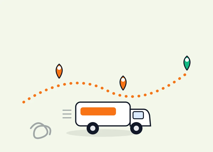 Illustration: Lieferwagen fährt eine glatte Route mit Karten-Pins