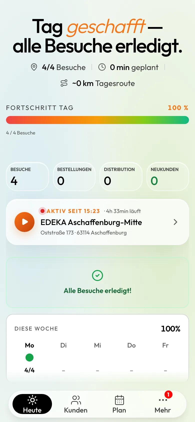 Heute-Ansicht eines Außendienstlers auf dem Smartphone