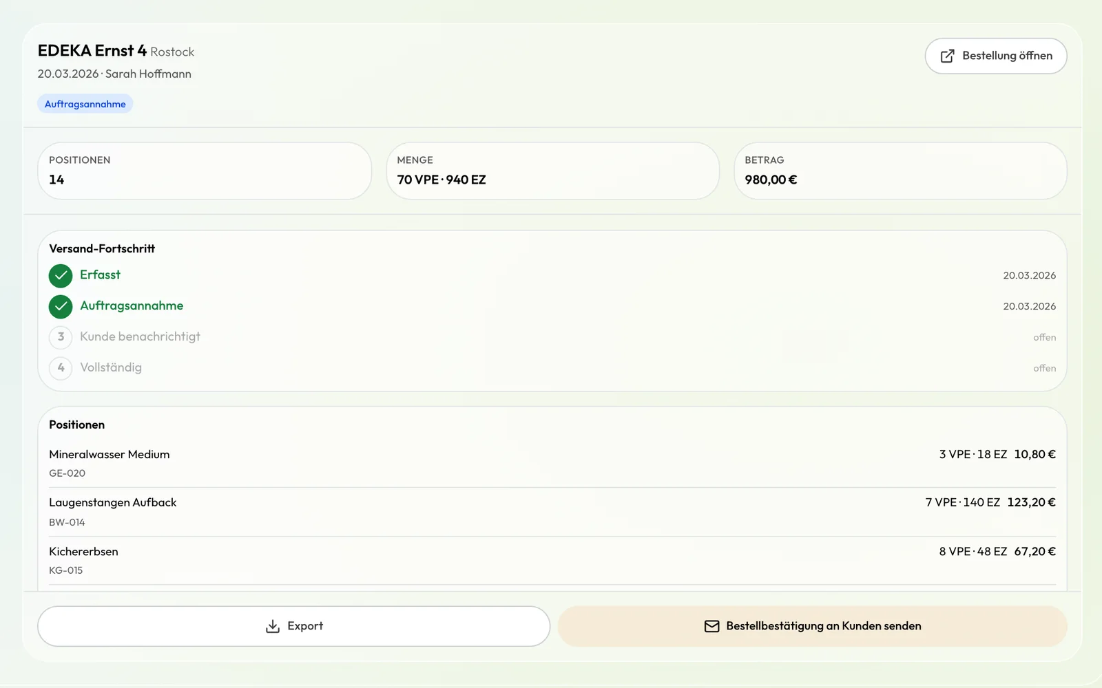 UI-Ausschnitt aus AußendienstApp: Bestellung aus dem Besuch für den Innendienst